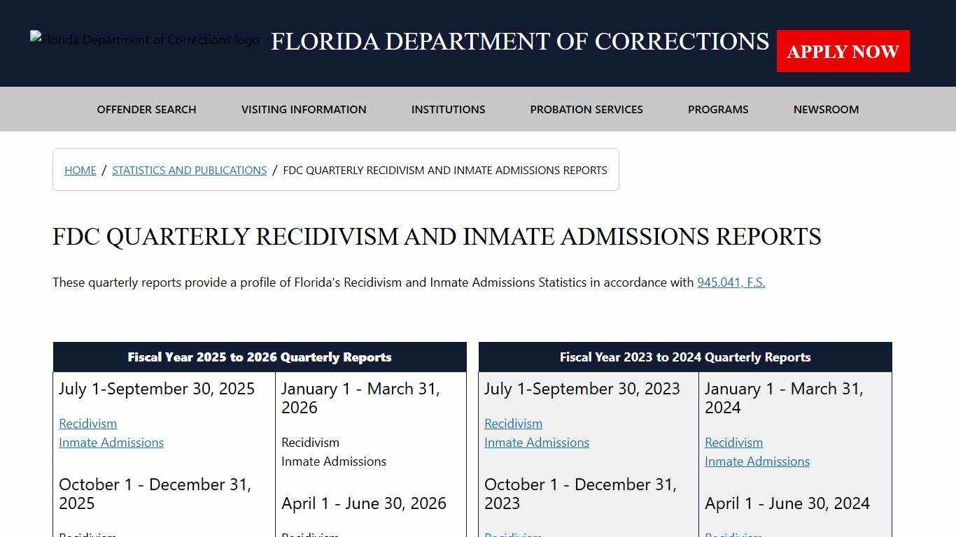 FDC Quarterly Recidivism and Inmate Admissions Reports / Statistics and Publications - Florida Department of Corrections