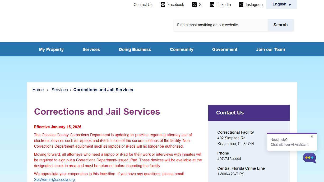 Corrections and Jail Services - Osceola County